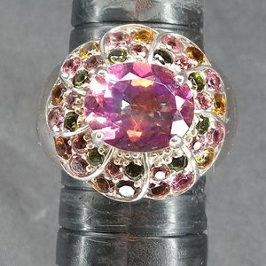 925 Sterling Silver Antique Pink Topaz & Sapphire Ring